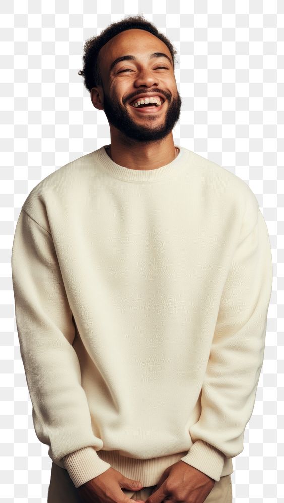 PNG A happy mixed race british man wear cream sweater laughing smile adult.