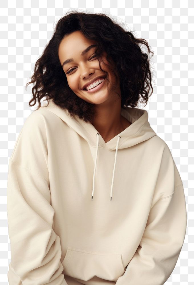 PNG A happy mixed race british woman wear cream hoodie sweatshirt laughing sweater.