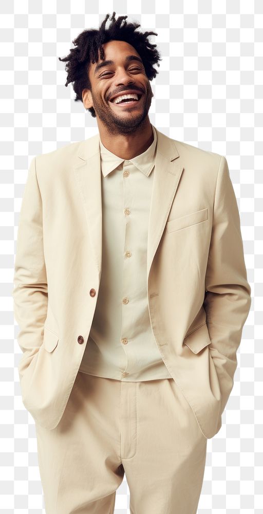 PNG A happy mixed race british man wear cream casual suit fashion blazer adult.