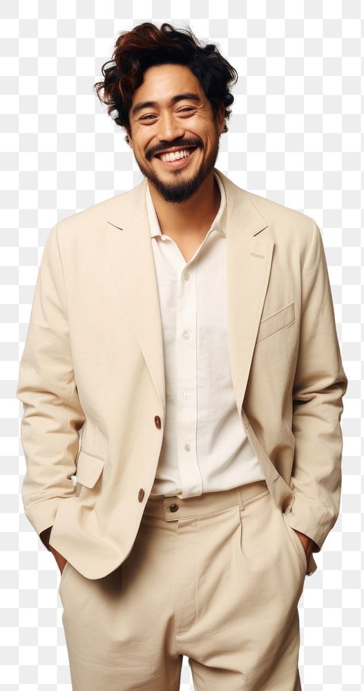 PNG A happy mixed race japanese man wear cream casual suit laughing fashion blazer.