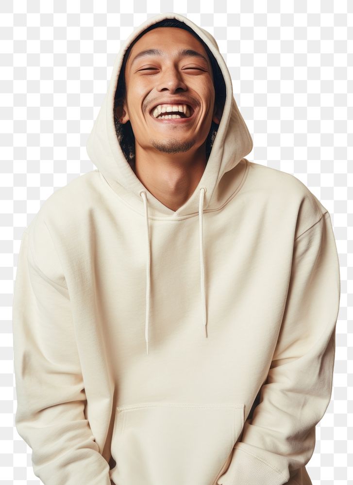 PNG A happy mixed race japanese man wear cream hoodie sweatshirt laughing smile.