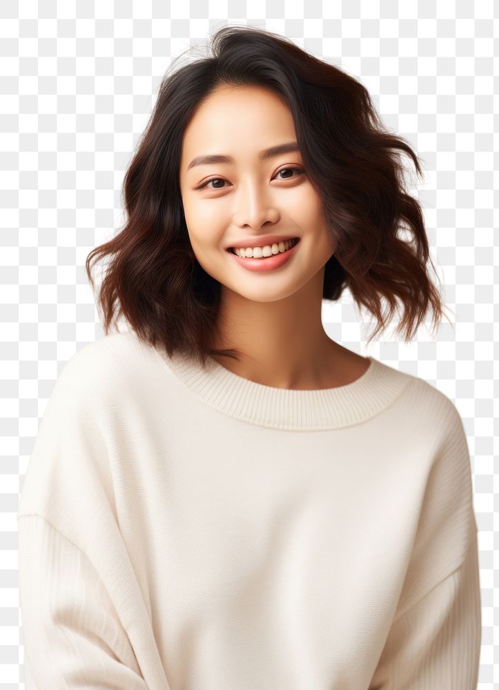 PNG A happy mixed race japanese woman wear cream sweater fashion adult smile.