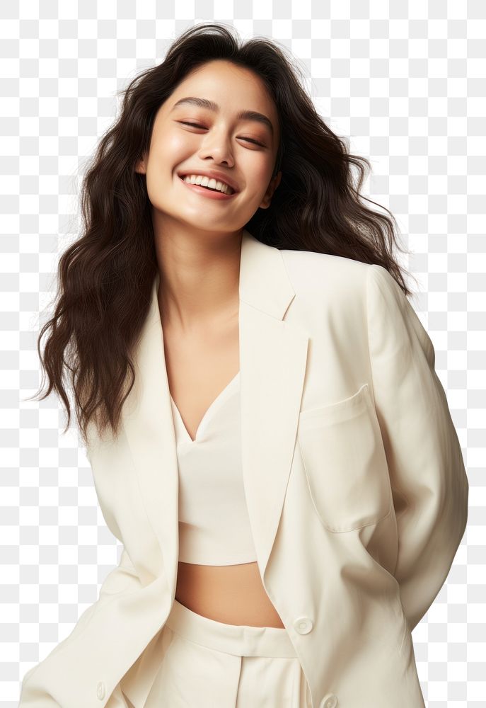 PNG A happy mixed race japanese woman wear cream casual suit laughing fashion smile.