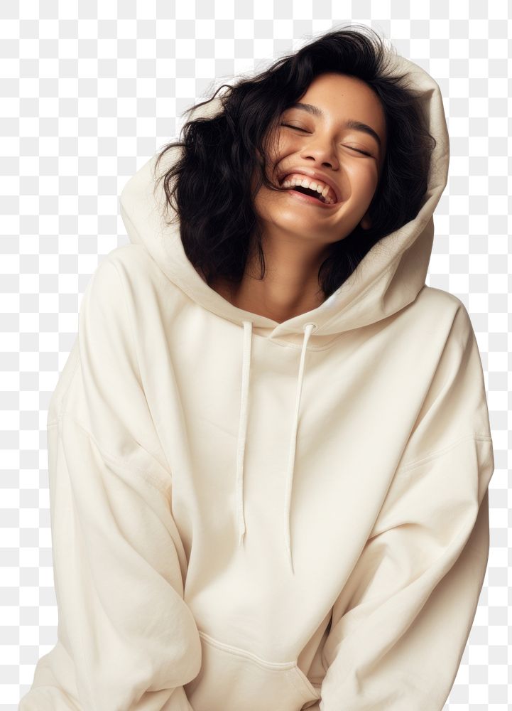 PNG A happy mixed race japanese woman wear cream hoodie sweatshirt laughing fashion.