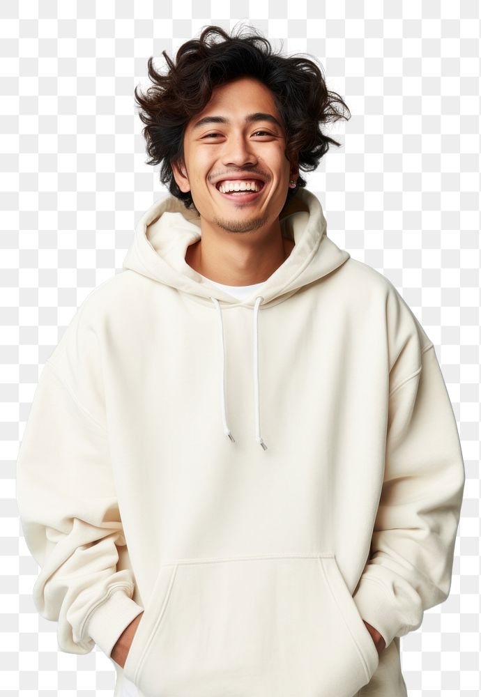 PNG A happy mixed race japanese man wear cream hoodie sweatshirt laughing sweater.