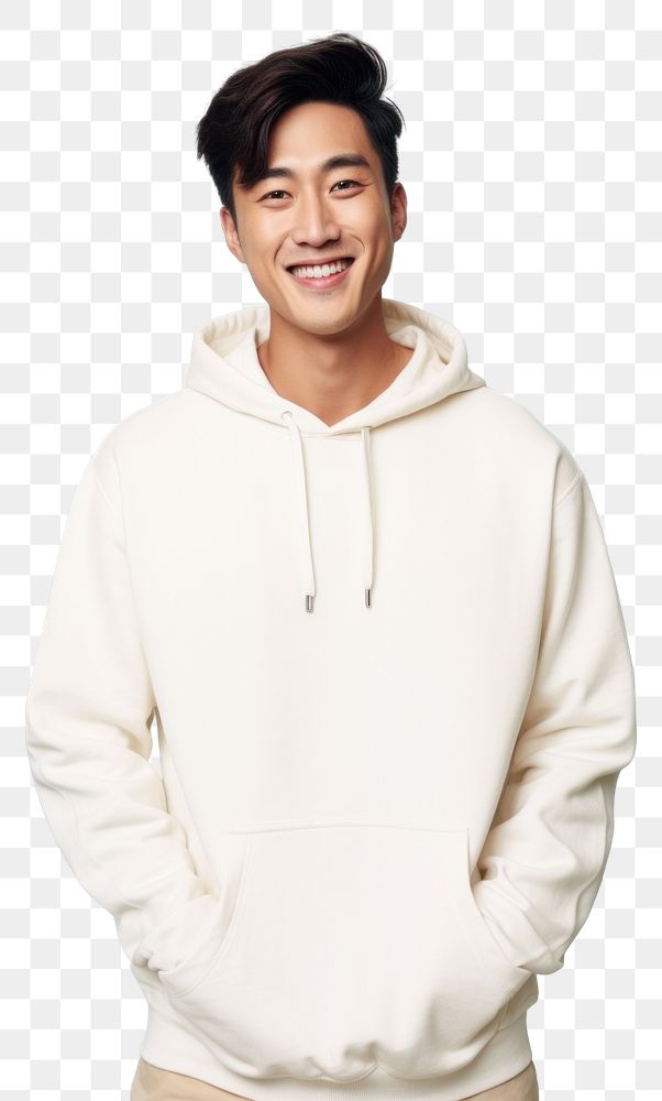 PNG A happy mixed race korean man wear cream hoodie sweatshirt smile architecture.