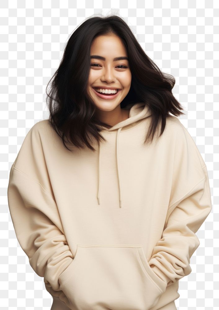 PNG A happy mixed race korean woman wear cream hoodie sweatshirt laughing sweater.