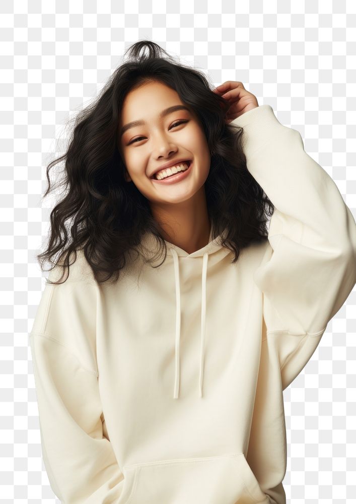 PNG A happy mixed race korean woman wear cream hoodie laughing fashion smile.