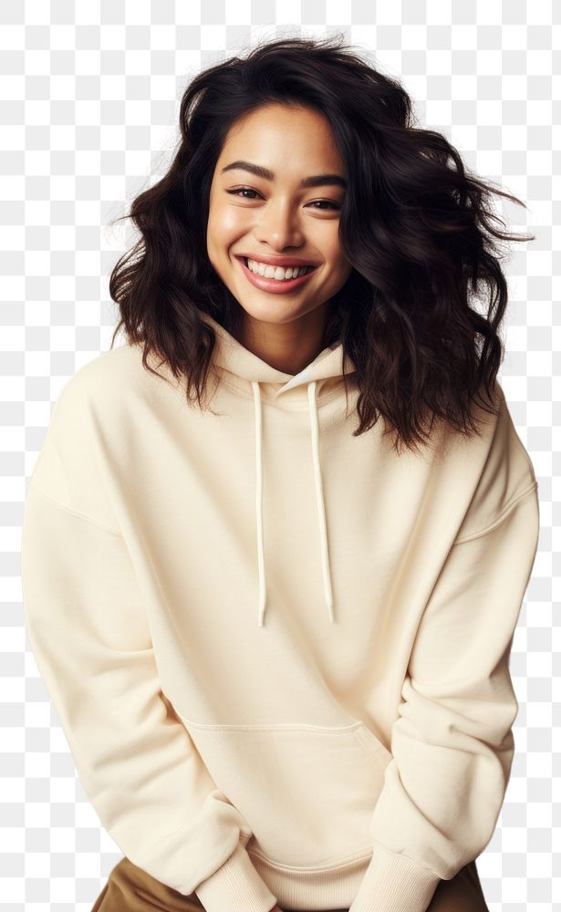 PNG A happy mixed race korean woman wear cream hoodie laughing fashion smile.