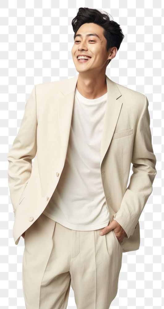 PNG A happy mixed race korean man wear cream casual suit fashion adult smile.