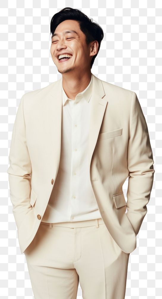 PNG A happy mixed race korean man wear cream casual suit laughing fashion blazer.