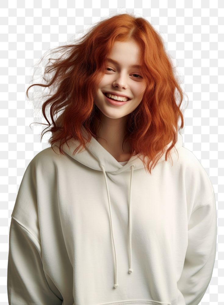 PNG A happy red hair teenager wear cream hoodie portrait fashion adult.