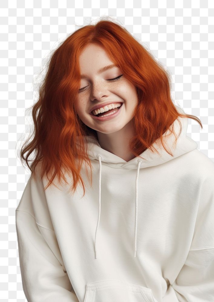 PNG A happy red hair teenager wear cream hoodie laughing fashion adult.