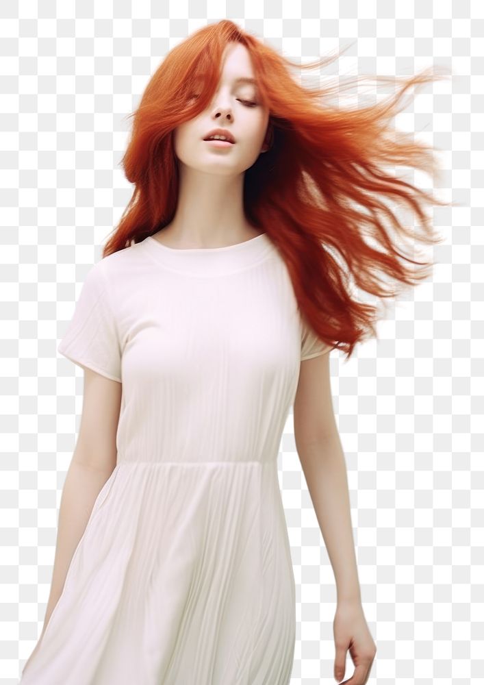 PNG A happy red hair woman wear cream dress fashion adult hairstyle.