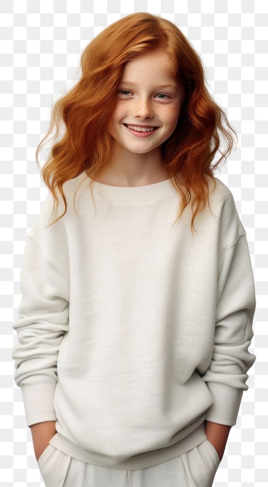 PNG A happy red hair kid wear cream sweater portrait fashion sleeve.