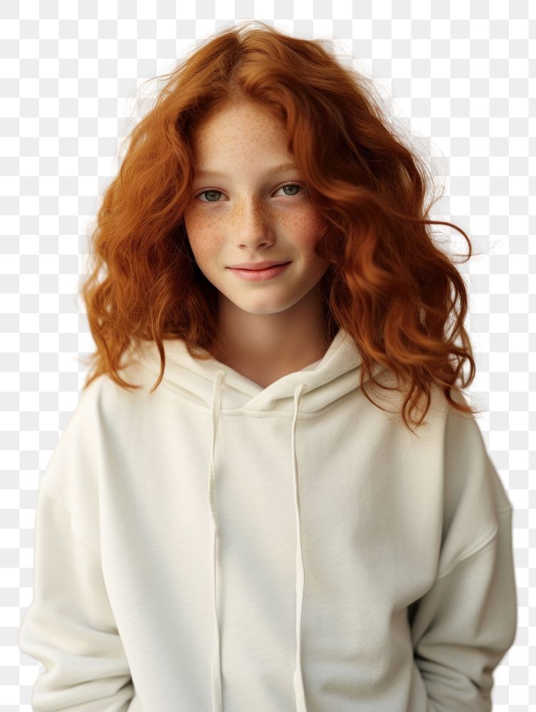 PNG A happy red hair kid wear cream hoodie portrait fashion photo.
