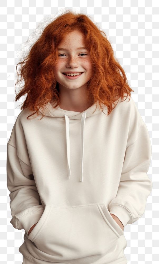 PNG A happy red hair kid wear cream hoodie sweatshirt laughing portrait.