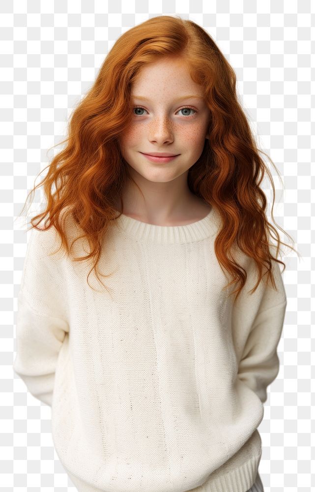 PNG A happy red hair kid wear cream sweater portrait fashion child.
