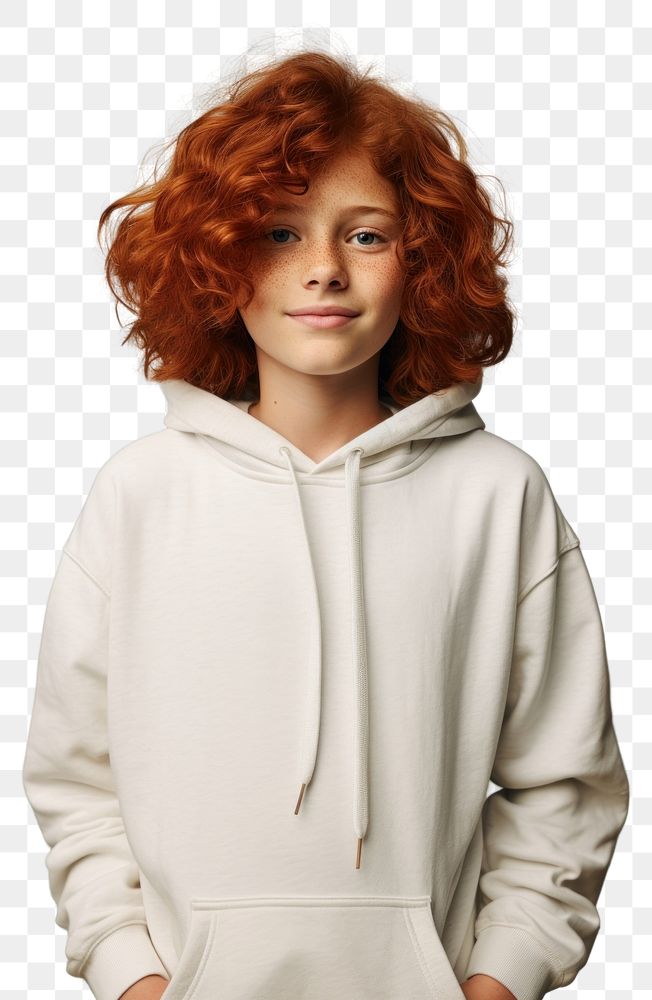 PNG A happy red hair kid wear cream hoodie sweatshirt portrait fashion.