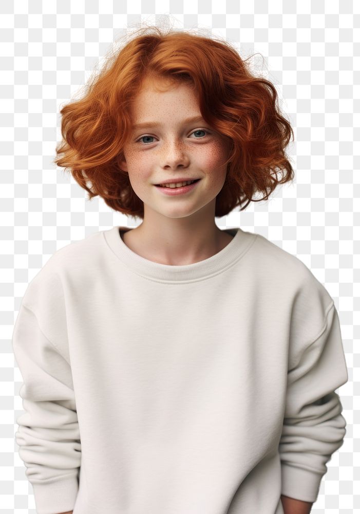 PNG A happy red hair kid wear cream sweater portrait smile photo.