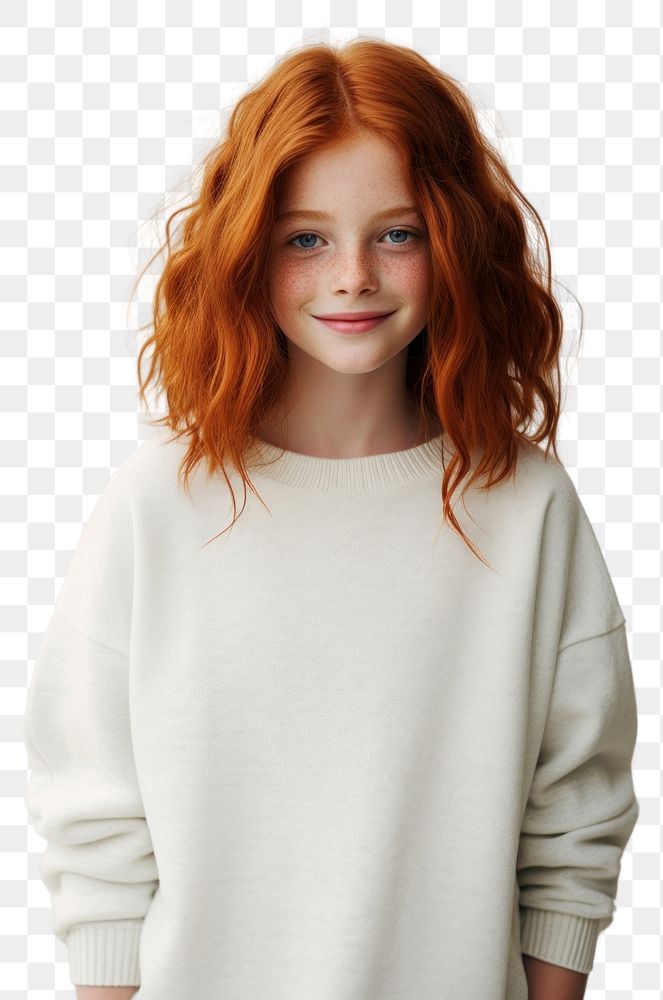 PNG A happy red hair kid wear cream sweater portrait fashion photo.
