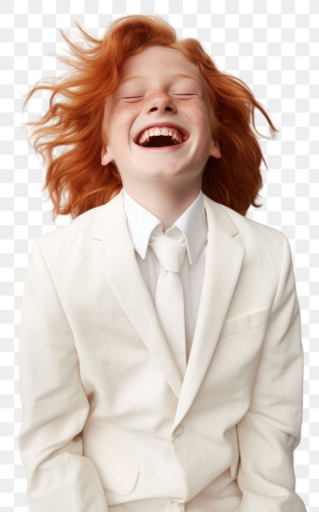 PNG A happy red hair kid wear cream casual suit laughing fashion accessories.