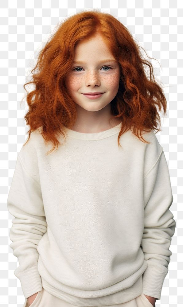 PNG A happy red hair kid wear cream sweater portrait fashion sleeve.
