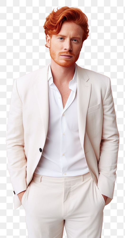 PNG A happy red hair man wear cream casual suit minimal fashion tuxedo blazer.