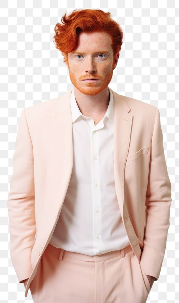 PNG A happy red hair man wear cream casual suit minimal portrait fashion blazer.