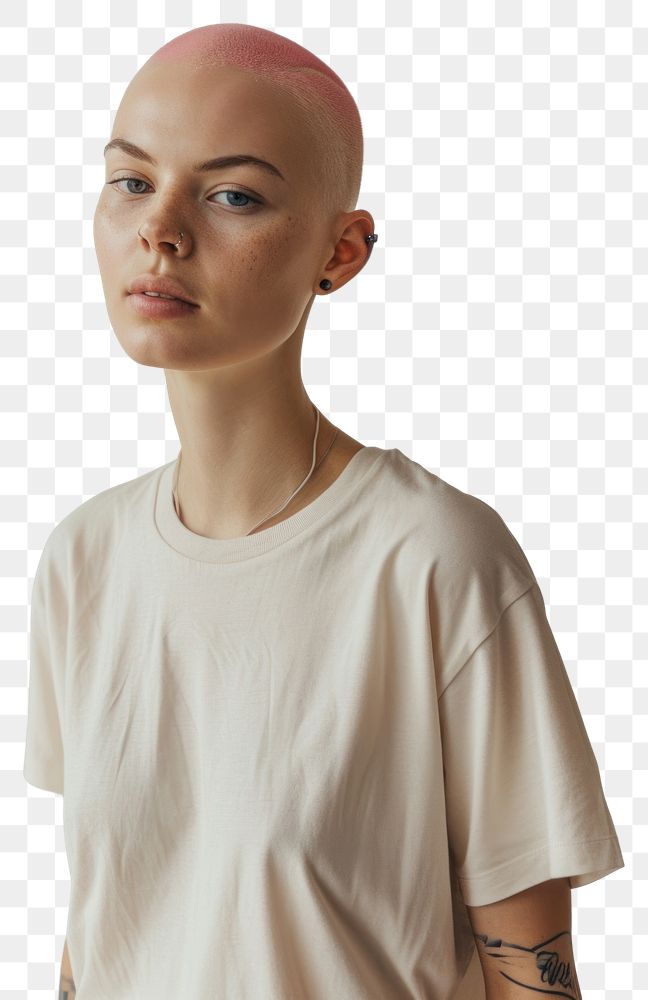 PNG A pink skinhead hair woman wear cream t shirt portrait fashion adult.
