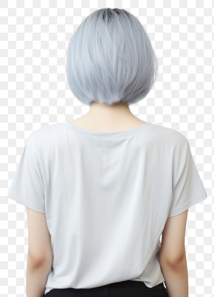 PNG A short blue hair woman wear cream t shirt fashion blouse adult.