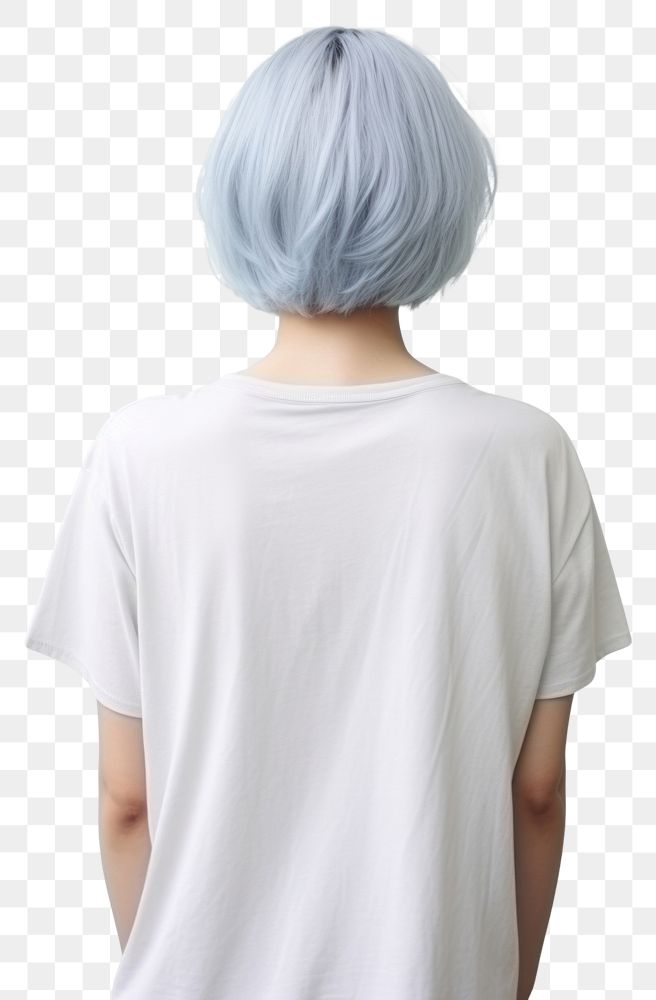 PNG A short blue hair woman wear cream t shirt fashion hairstyle portrait.