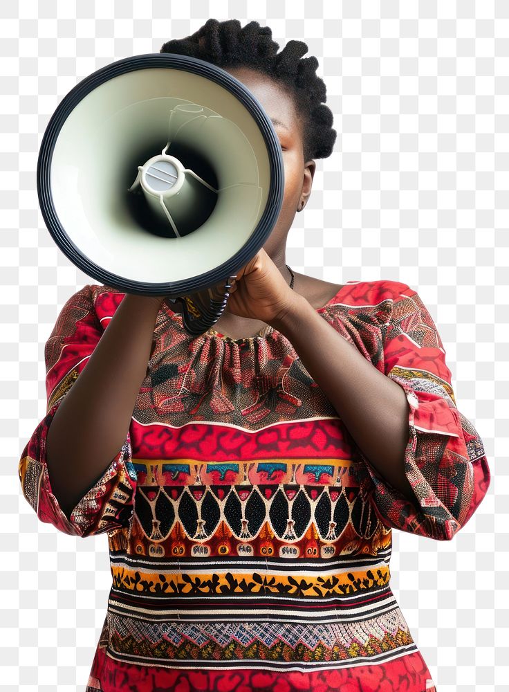 PNG African woman use Megaphone adult white background photographer.