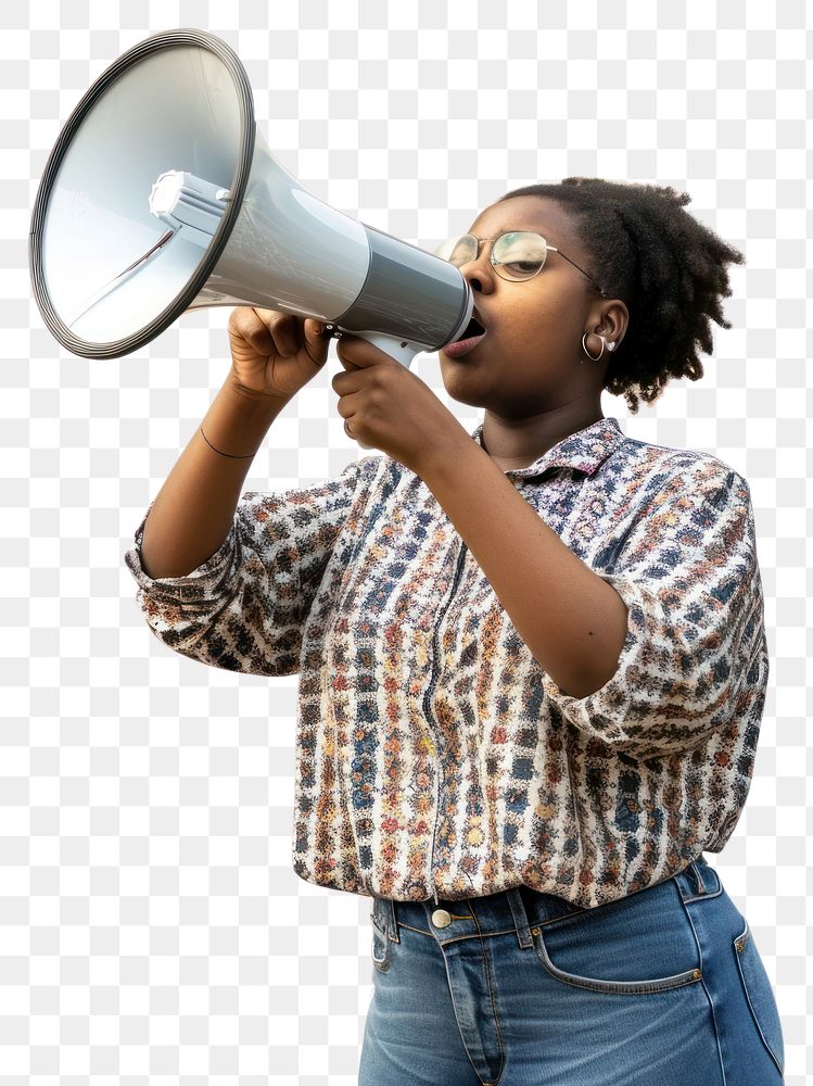 PNG African woman use Megaphone photo white background performance.