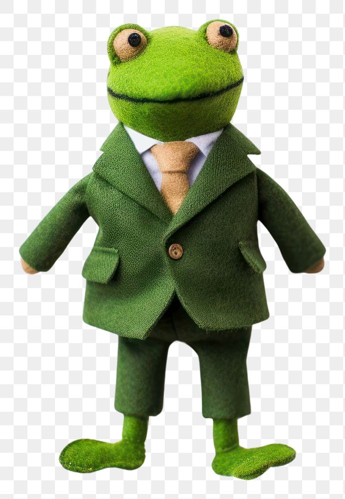 PNG  Frog in suit plush green toy.