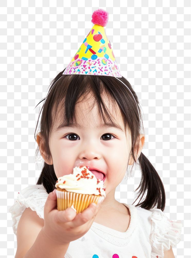 PNG  Asia girl eatting cupcake birthday portrait food.