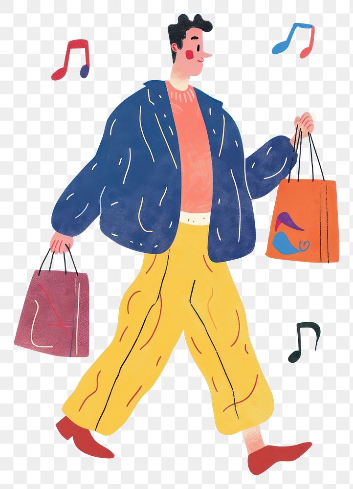 PNG Man walking enjoy music with shopping adult bag white background.