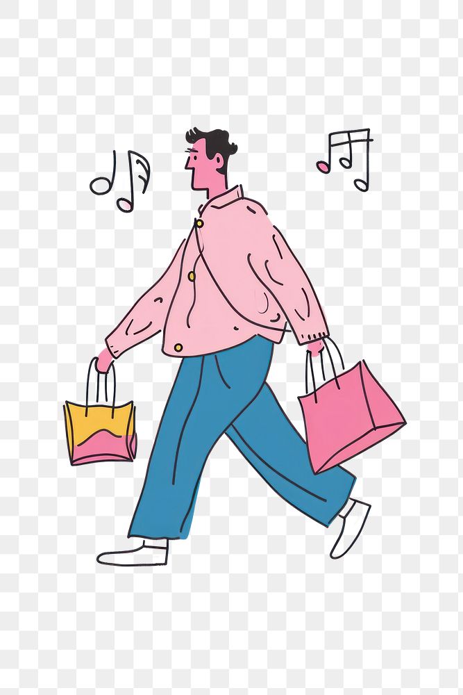 PNG Man walking enjoy music with shopping bag white background consumerism.