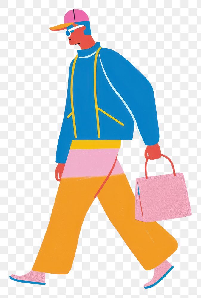 PNG Man walking enjoy music with shopping handbag white background accessories.