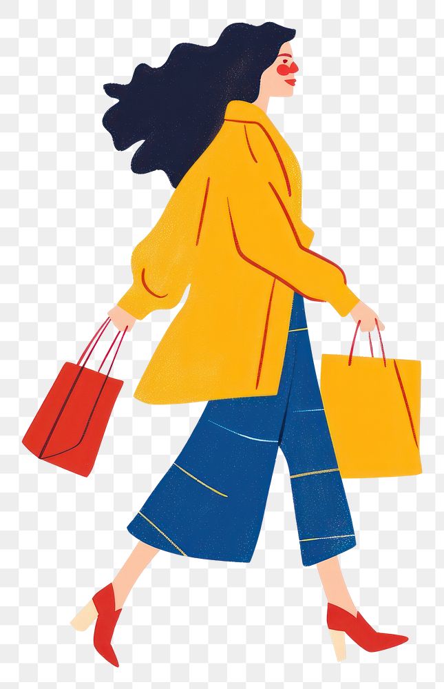 PNG Woman walking enjoy music with shopping footwear handbag white background.