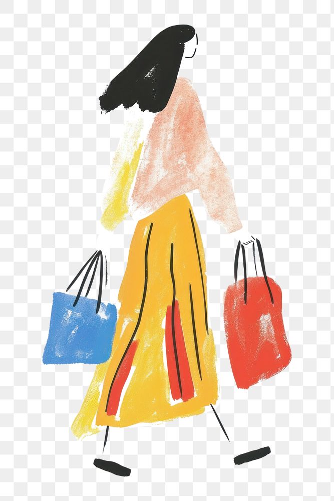 PNG Woman walking enjoy music with shopping painting handbag art.