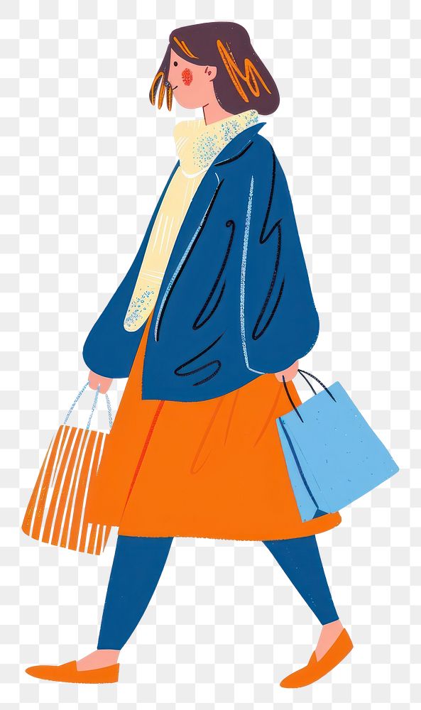 PNG Woman walking enjoy music with shopping handbag adult white background.