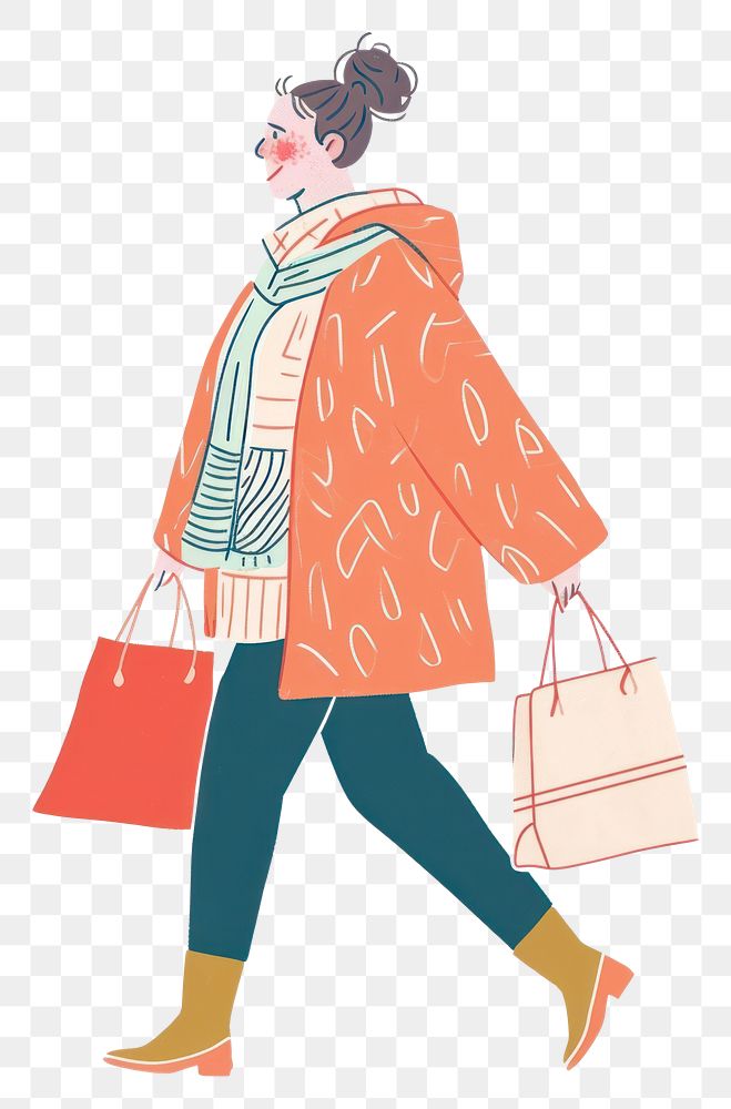 PNG Woman walking enjoy music with shopping handbag adult coat.
