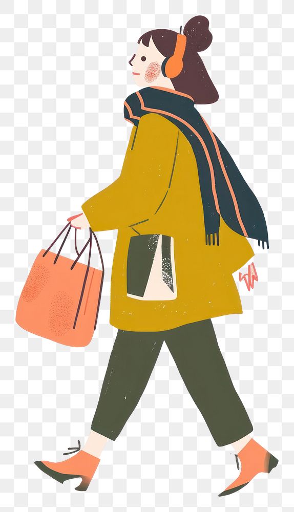 PNG Woman walking enjoy music with shopping handbag cartoon coat.