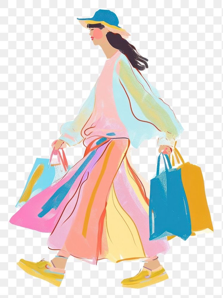 PNG Woman walking enjoy music with shopping handbag adult white background.