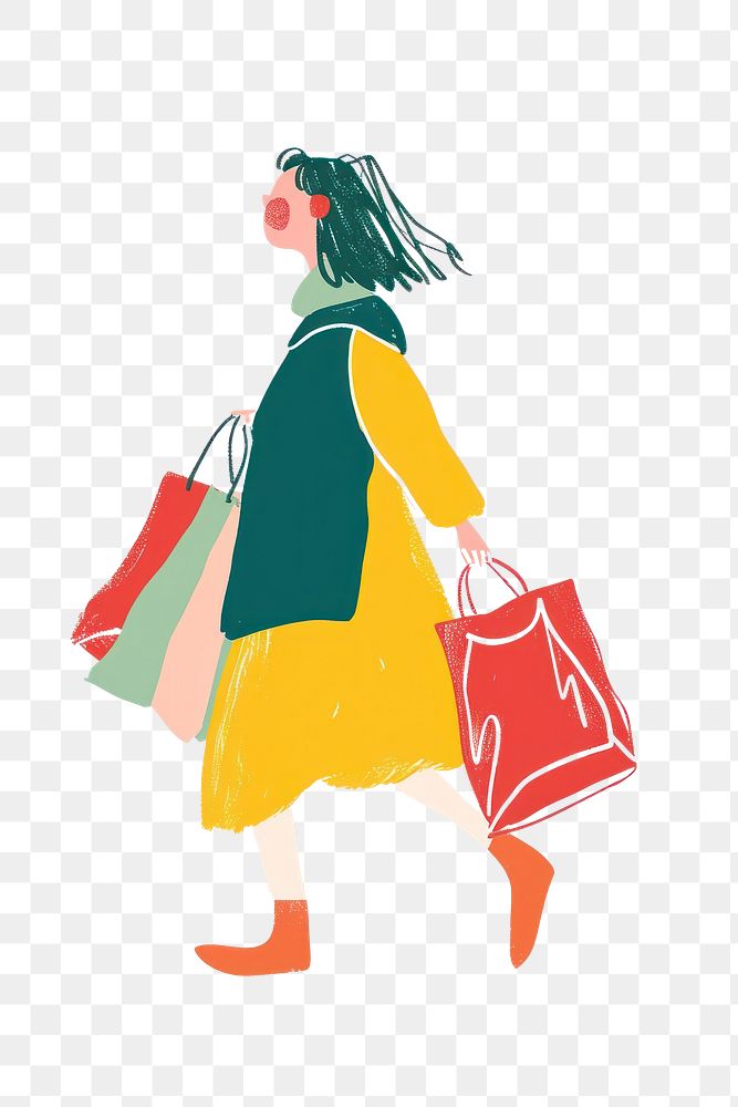 PNG Woman walking enjoy music with shopping handbag white background consumerism.