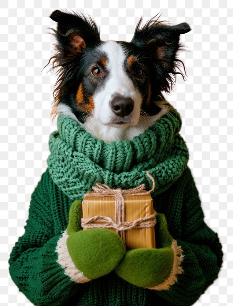 PNG  Collie wearing green sweater and gloves portrait mammal animal.
