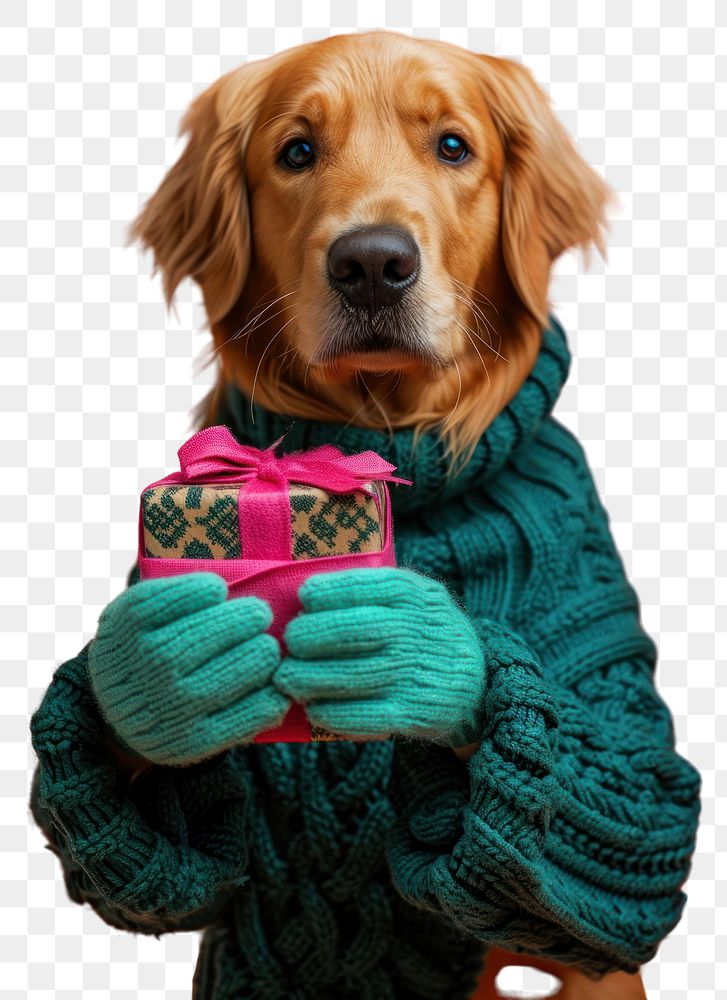 PNG  Golden retriever wearing green sweater and gloves portrait holding mammal.