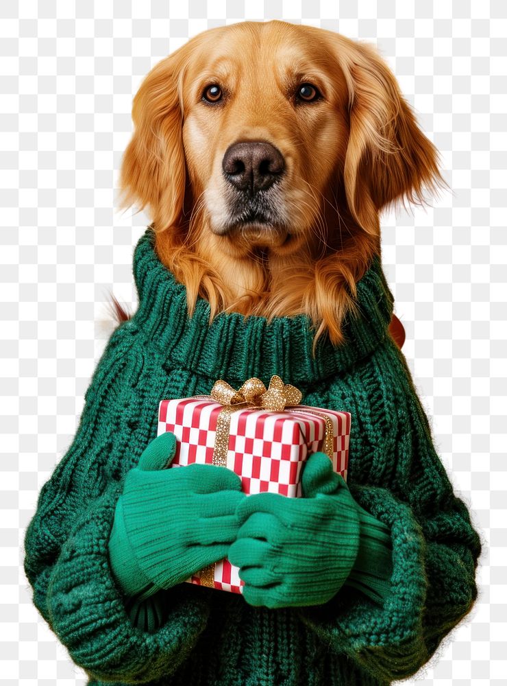 PNG  Golden retriever wearing green sweater and gloves portrait mammal animal.