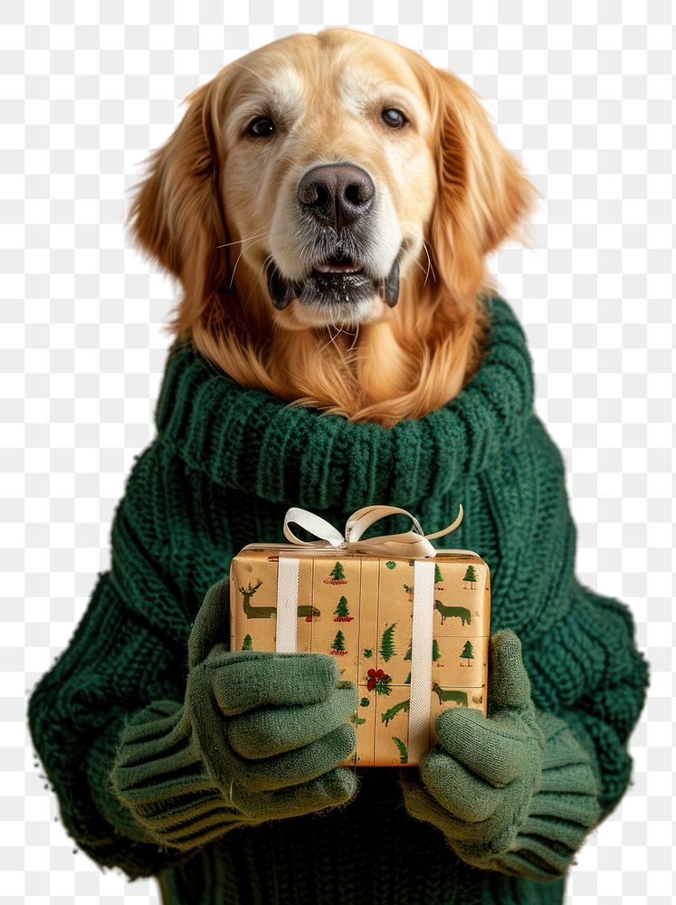 PNG  Golden retriever wearing green sweater and gloves portrait mammal animal.